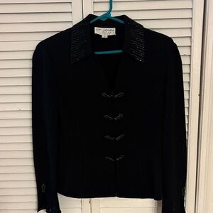 St. John Black Knit Blazer with Beaded Collar and Detailed Cuffs